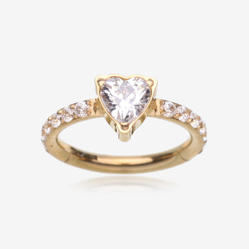 Implant Grade Titanium Golden Heart Sparkle Multi-Gem Rimmed Seamless Clicker Hoop Ring-Clear Gem